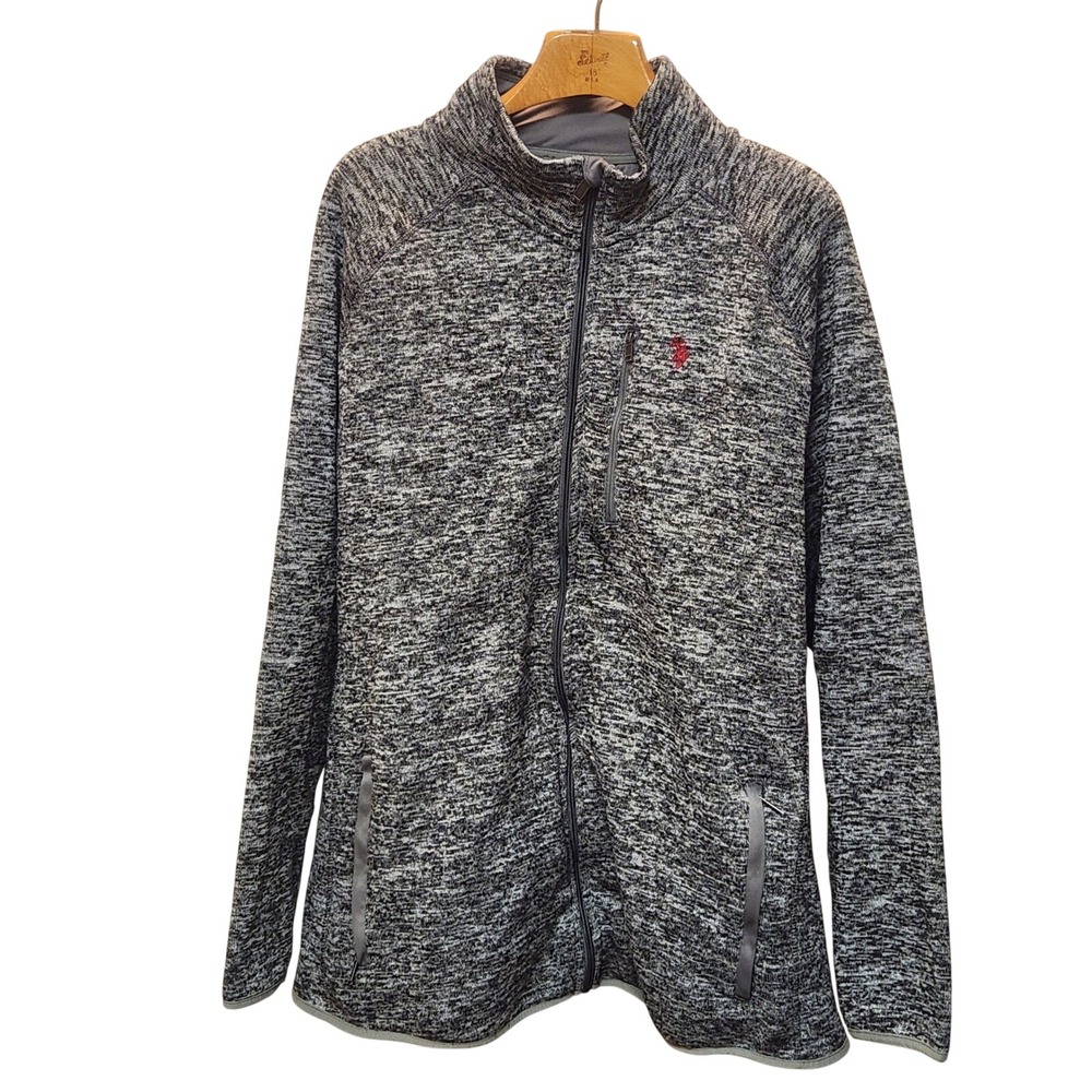 US Polo Assn Mens 4XL Grey Marl Full Zip Sweater Jacket Mock Neck Red Pony Logo